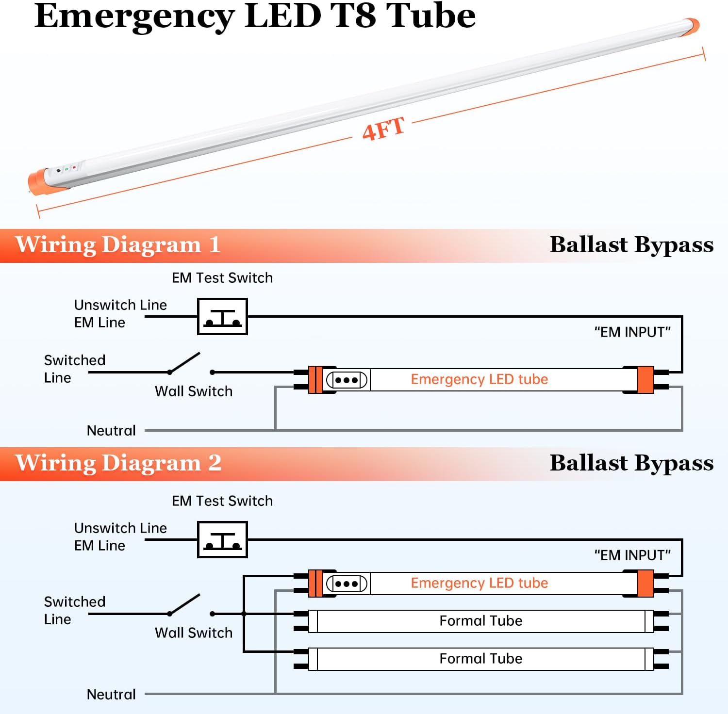 Emergency T8 LED Tube 4ft with Battery Backup, 5000K 18W Aluminium Dual Ended G13 Tube Light Integrate 8W 960LM 90min Emergency Lighting for Shop Werehouse Office Commercial T8 Bulb, UL-Listed