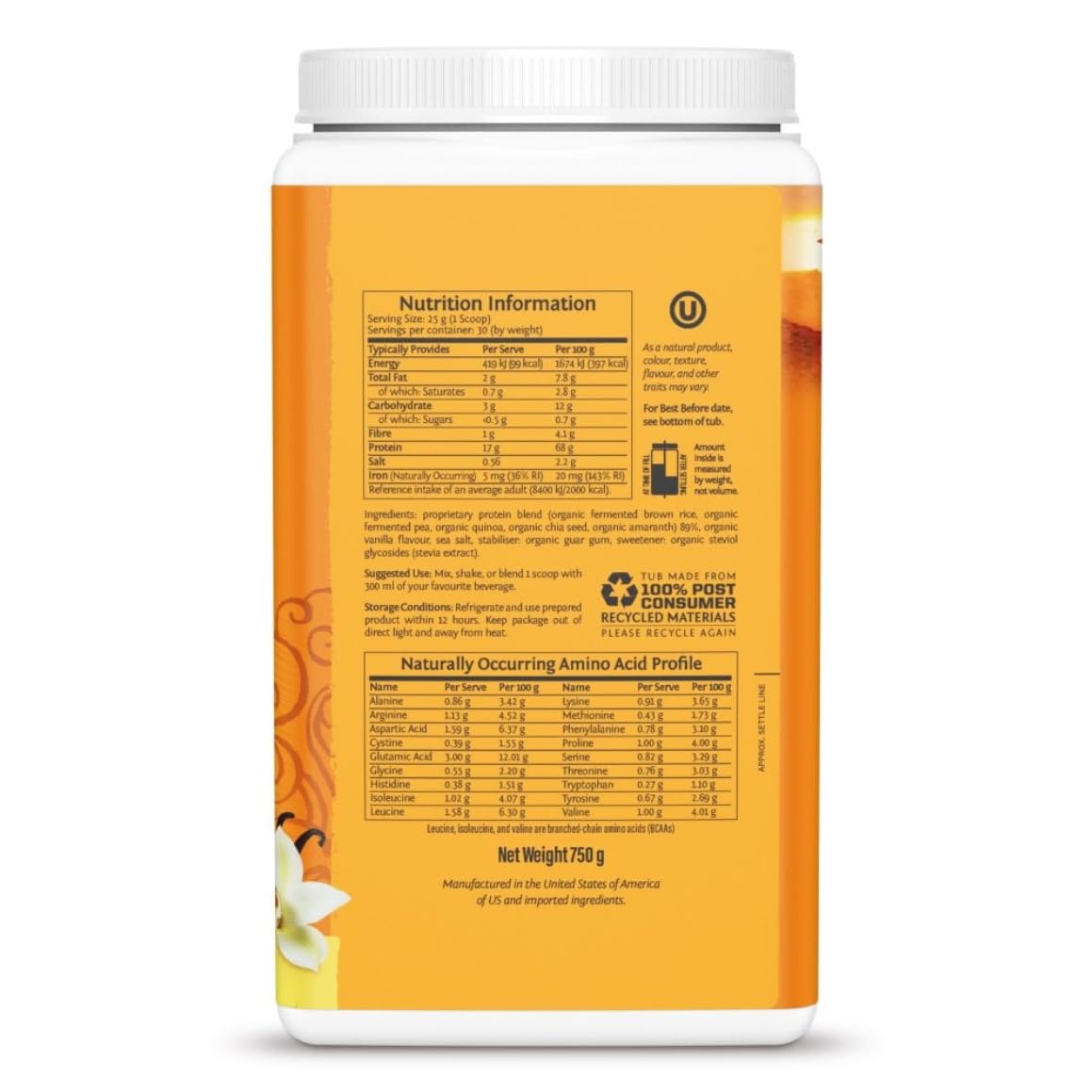 Sunwariior Classic Plus Proteine aromatizzate alla vaniglia biologica senza glutine, senza latticini, 750 g in polvere