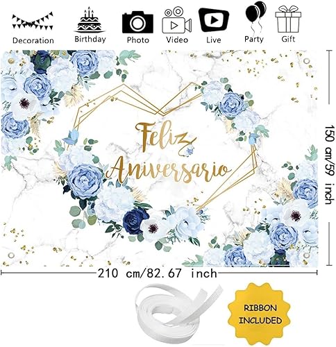 Miniatura 3 de MEHOFOND Telón de fondo de feliz aniversario de 7 x 5 pies, diseño floral azul y blanco, para boda, aniversario, fotografía, corazones, geométricos,