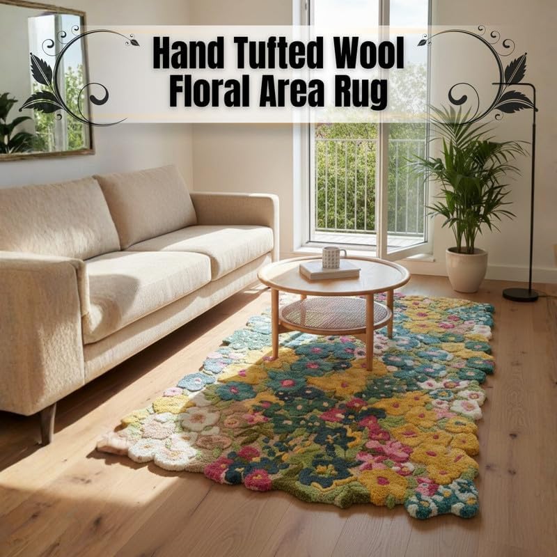 Hand Tufted Wool Floral Area Rug Living Room Bedroom Home Décor Multicolor Soft Handmade Carpet 9' x 12' Large Floor Rug