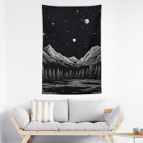 Miniatura 3 de BAHELS Tapiz estético de noche estrellada en blanco y negro, luna, estrellas, naturaleza, montaña, tapiz de tela, decoración de pared para