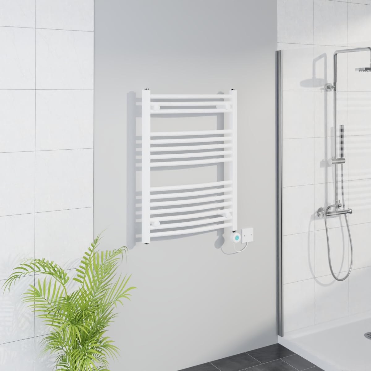 Warmehaus White Smart Wifi Thermostatic Electric Bathroom Curved Heated Towel Rail Warmer Radiator With Timer 800X600mm