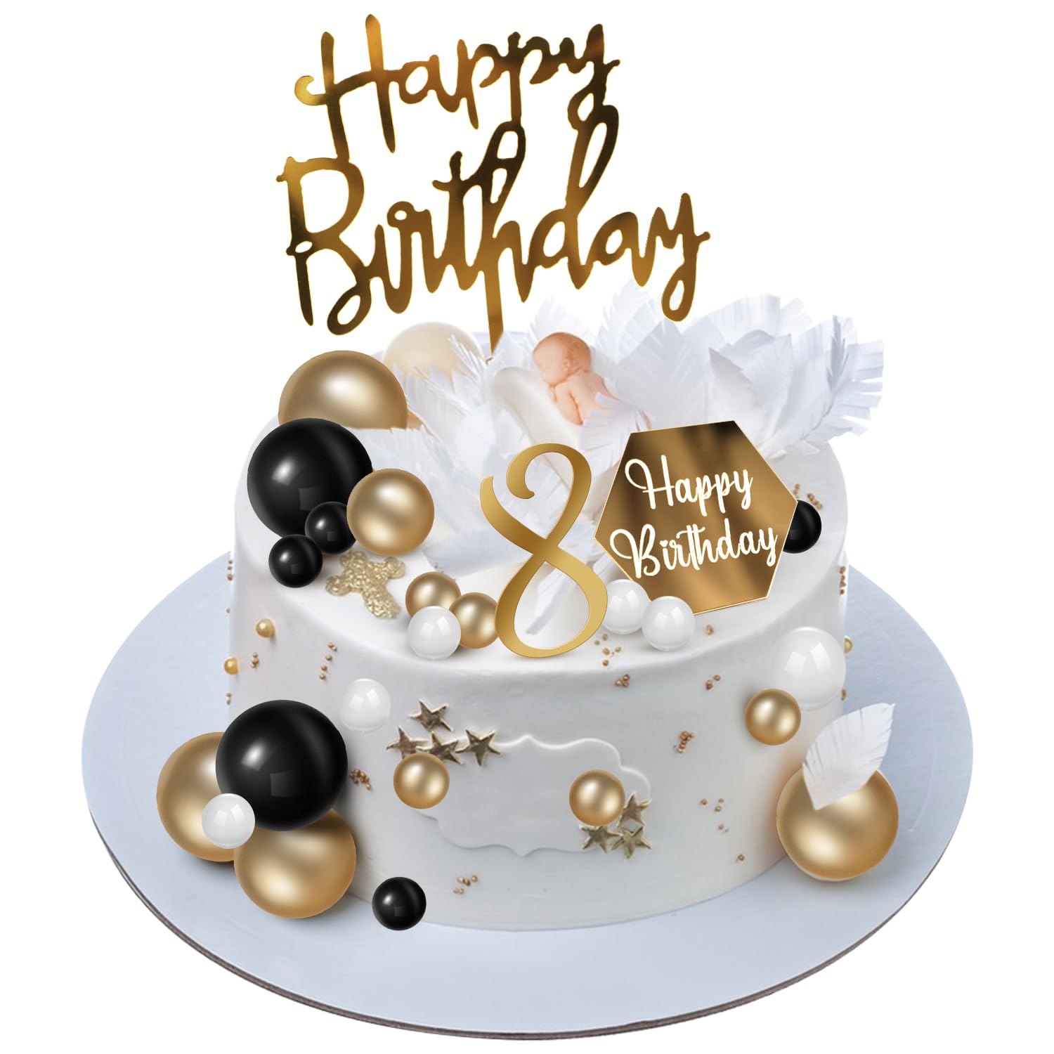 75 PCS Black & Gold Cake Decoration Balls With Happy Birthday Pick - Foam Cake Topper Set For Parties, Weddings, Baby Showers