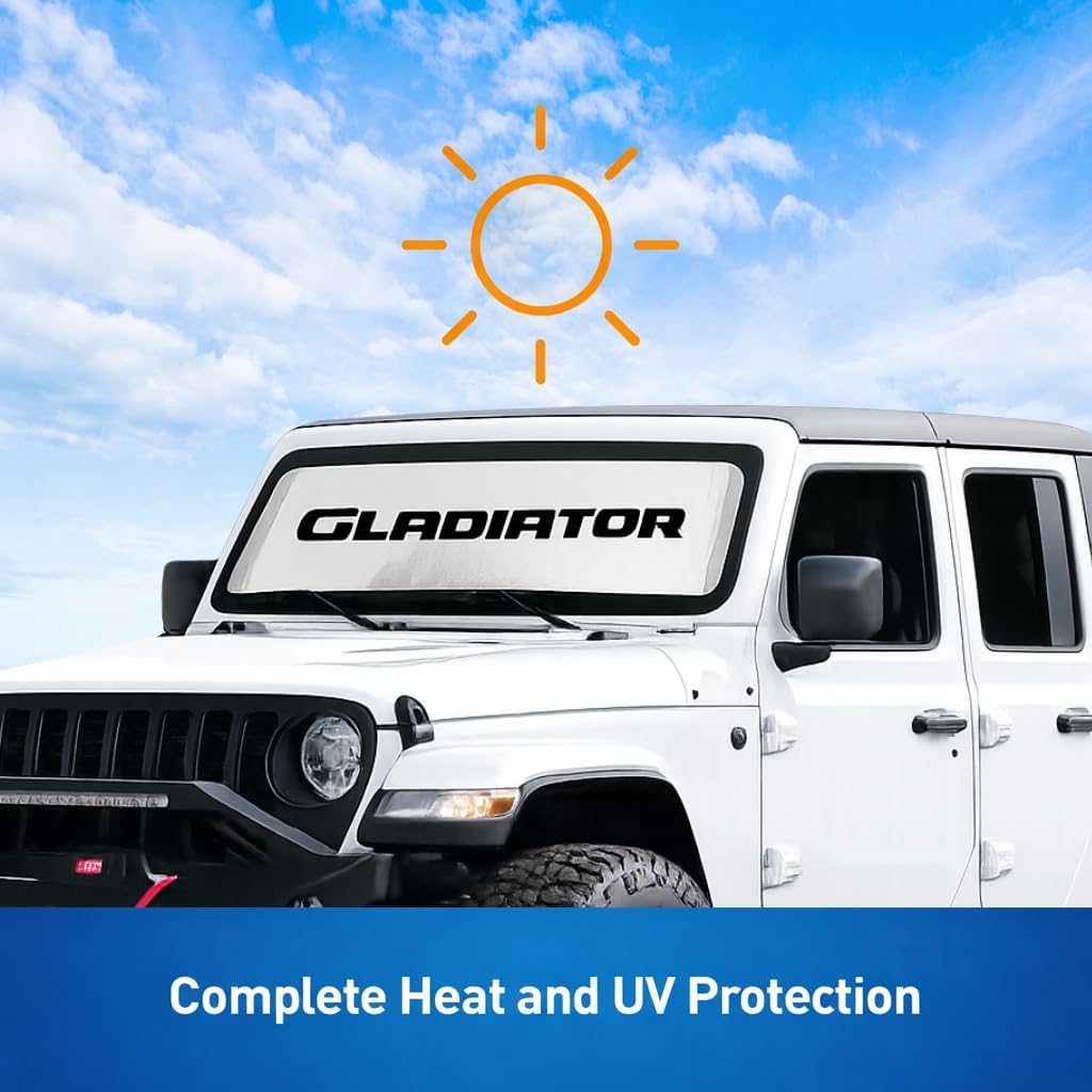 Roll-up Windshield Sunshade Compatible with 2024-2026 Jeep Gladiator - Officially Licensed Logo - Custom Fit UV & Heat Reflective Sunshield, Interior Protection, No Rearview Mirror Control Box