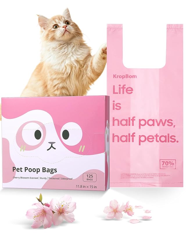Sacos para Fezes de Cães e Gatos KropBom com Alças, Plástico Rosa Perfumado Cherry Blossom, 125 Unidades