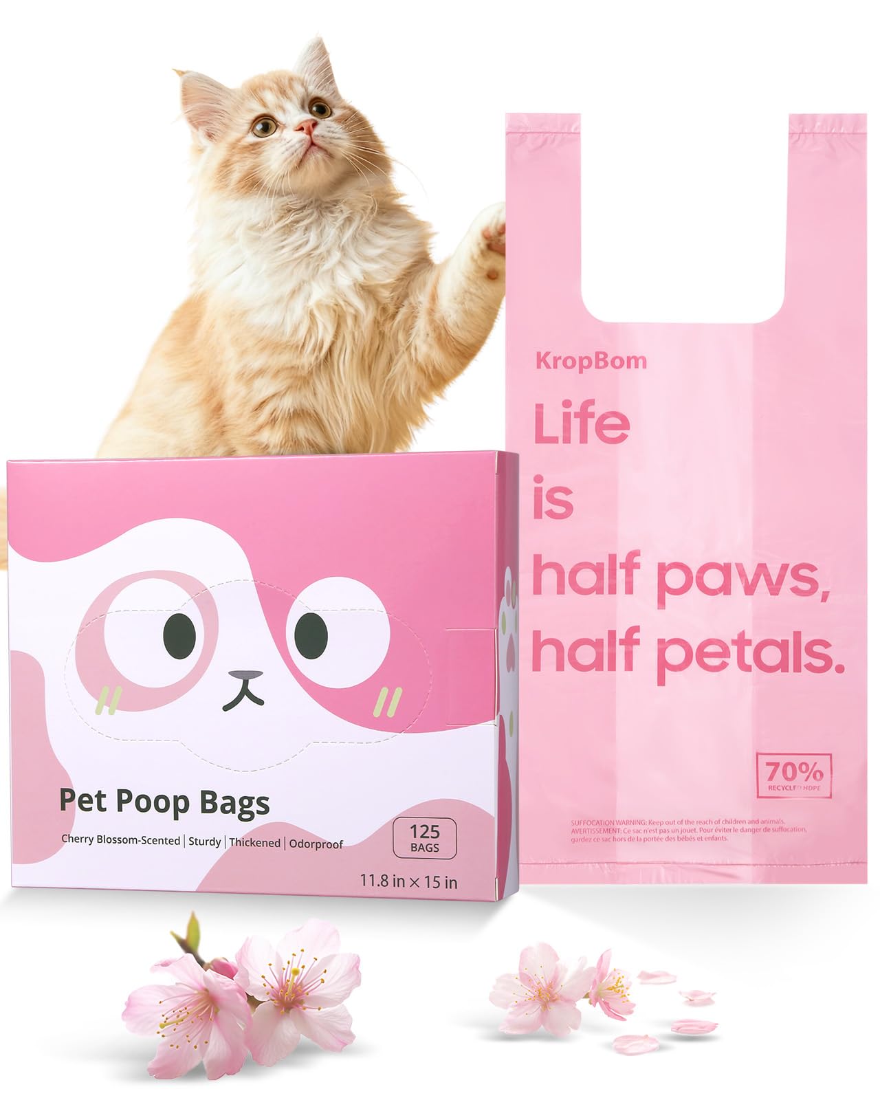 Photo 1 of 125 Count Cat Poop Bags Cherry Blossom Scented with Handles, Disposable Litter Bags for Pet Poop, Dog Kitty Waste Bags Extra-Thick Easy Tie Leak-Proof Strengthen, Pink