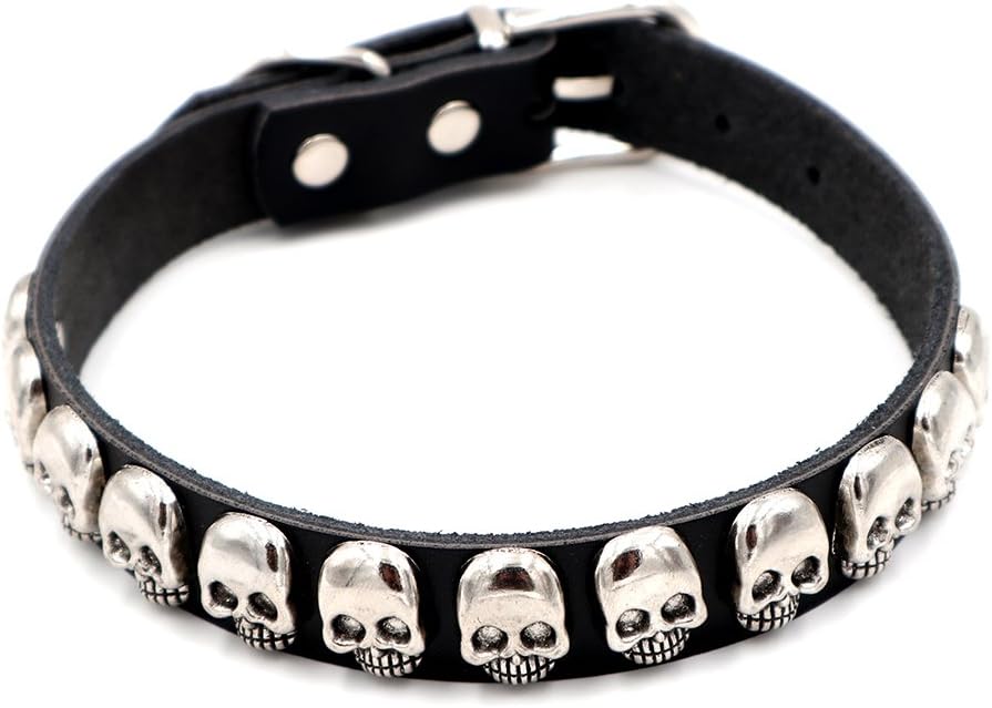PU Leather Personalized Dog Collar with Silver Bling Skull Spiked Studded Charm, Pet Cat Dollars Necklaces for Training,Sports…