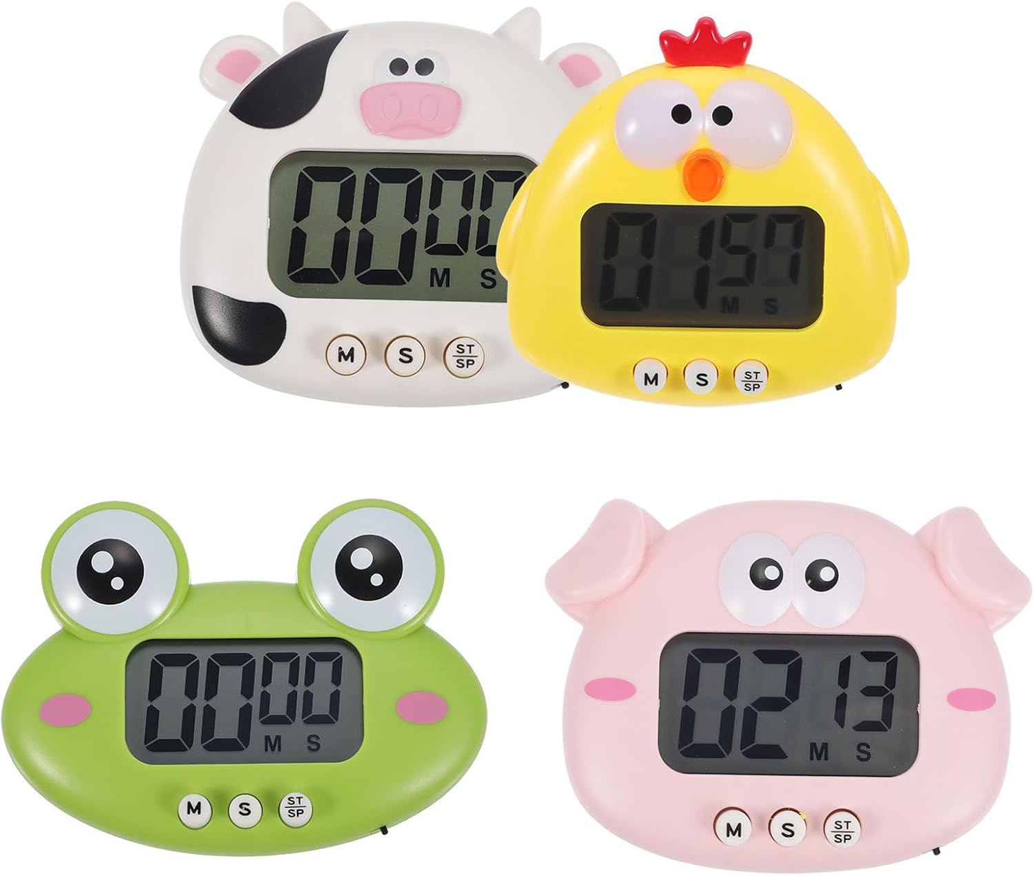 4pcs Cartoon Animal Timer Kitchen Countdown Timers Portable Digital Time Reminder with Magnetic Stand for Study Cooking and Home Use (Yellow Chick, Green Frog, Angel Pig, White