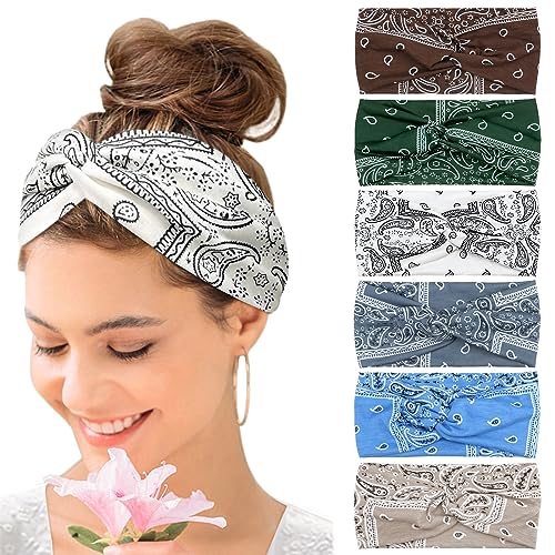 Kavya Wide Hair bands for Women Boho Headbands for Women's Hair Elastic Soft 6 Pieces Headband Print Head bands Adult Women Accessories Yoga Sports Hairband Multicoloured Thin Headscarf