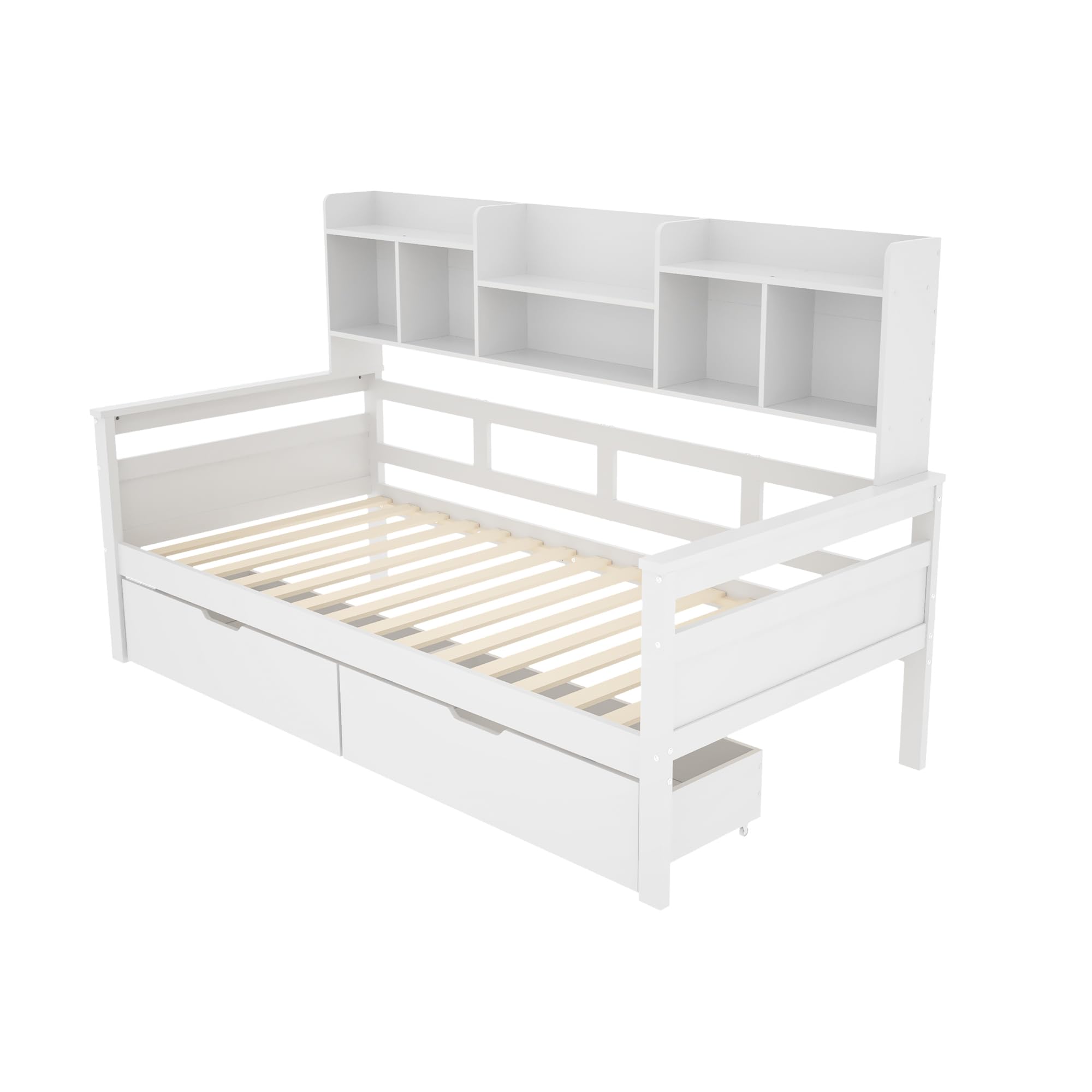 Moimhear Divano letto 90 x 200 cm, cassetti e mensole, rete a doghe, lettino per bambini, letto singolo, letto in legno massiccio (bianco