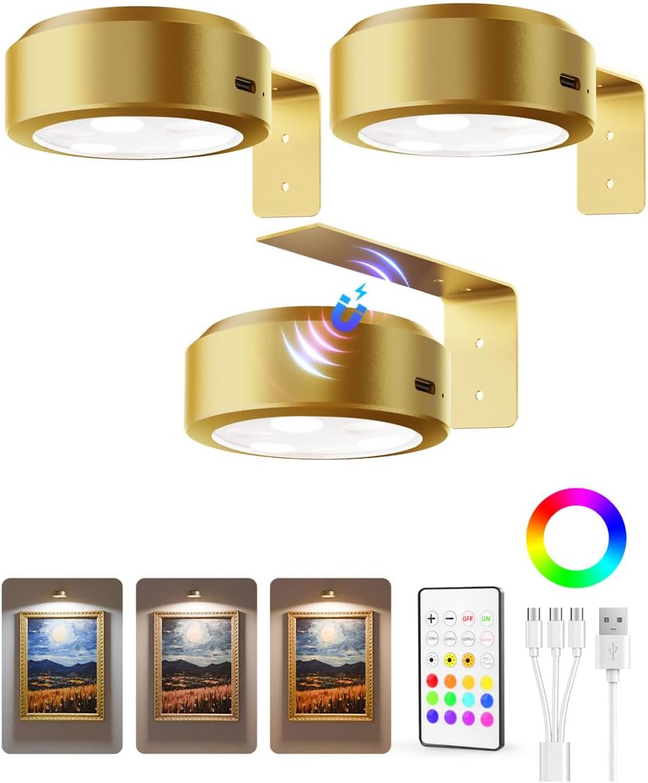 EZVALO Picture Lights for Wall, 2000mAh Rechargeable Battery Magnetic Poster Lights with 3 Color Temps & 12 RGB, Remote Dimmable Timer Painting Light, Wall Decor Light for Art Display, Frame (3 Pack) Gold 3Pack