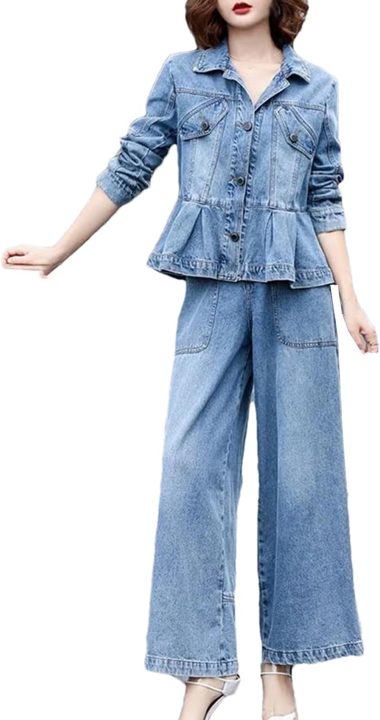 Womens Slim Fit Denim Two Piece Set High Waist Wide Leg Jeans And Cropped Jacket Outfit