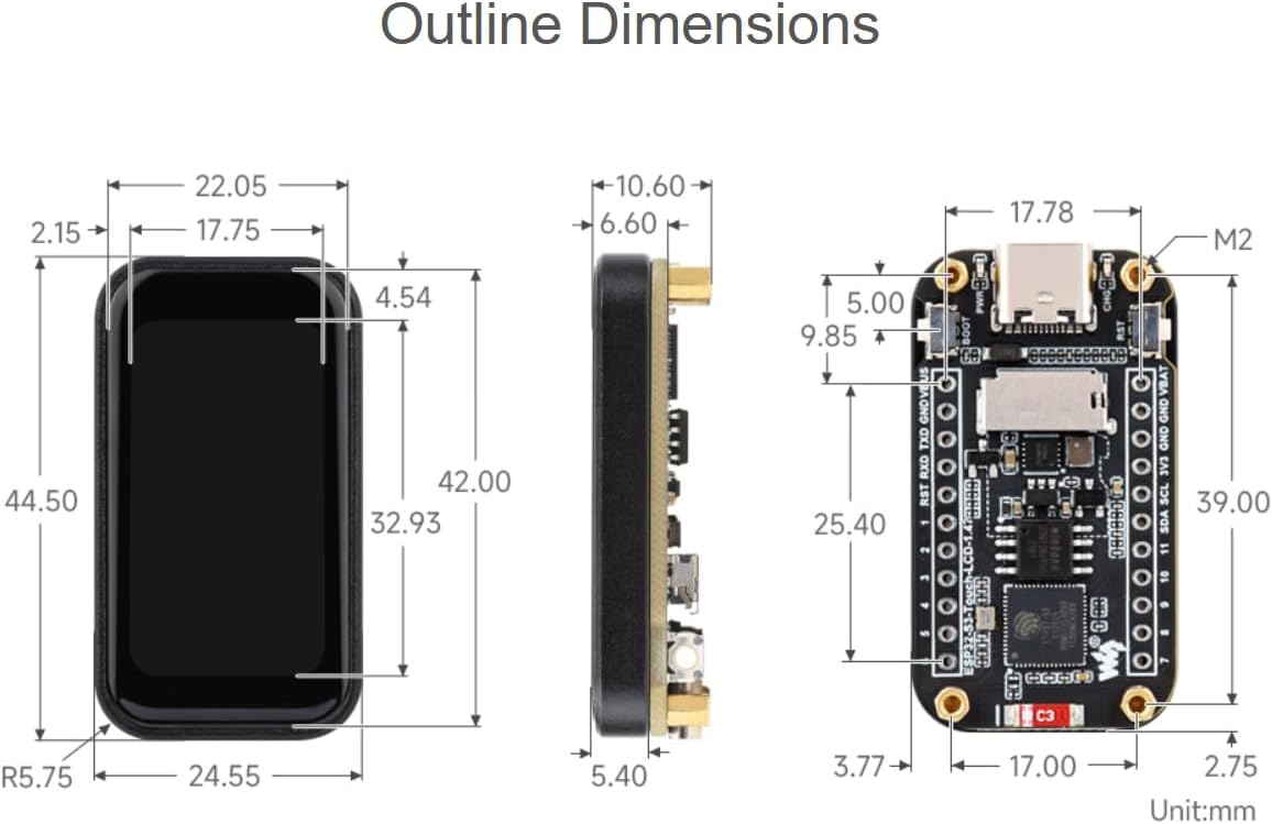 Outline dimensions of the Waveshare ESP32-S3 development board in millimeters