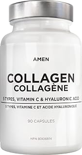 Amen Multi Collagen Peptides Capsules with Hyaluronic Acid and Vitamin C - 5 Types of Grass Fed Hydrolyzed Collagen Protein Type I, II, III, V, X - Amino Acids - Collagen Supplement - 90 Pills