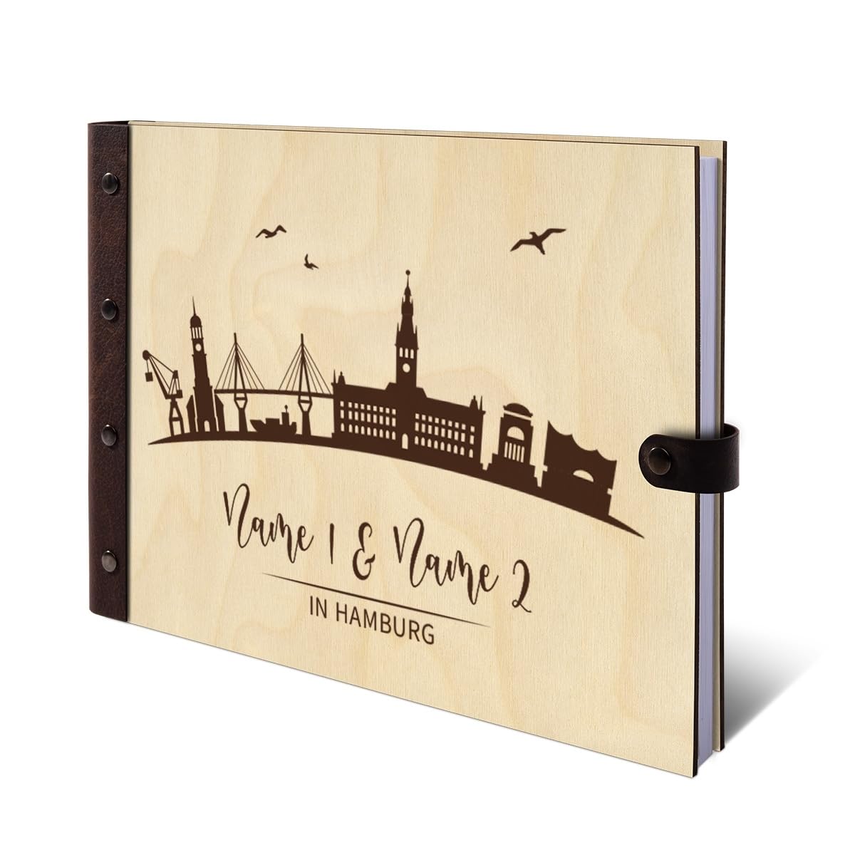 Personalisiertes Hochzeit Gästebuch echtes Holz DIN A4 Hochzeitsbuch mit Lasergravur - Hamburg - mit 72 Blatt / 144 Seiten Naturpapier Weiß
