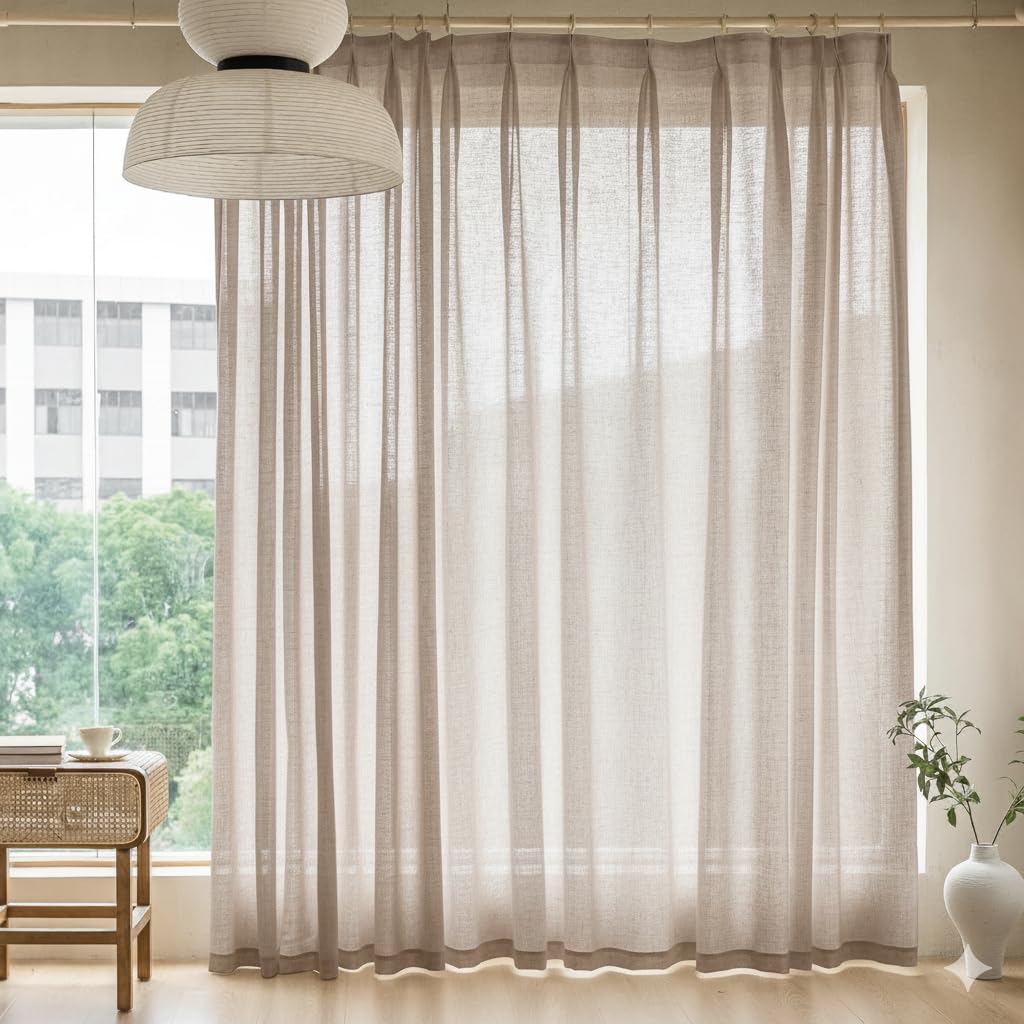 Triple Pinch Pleated Sheer Curtains Linen Textured Light Filtering Window Treatments Panels for Home Office Pack of 2 Panels, Hooks, Tiebacks(Dusty Grey, Custom)-image-19