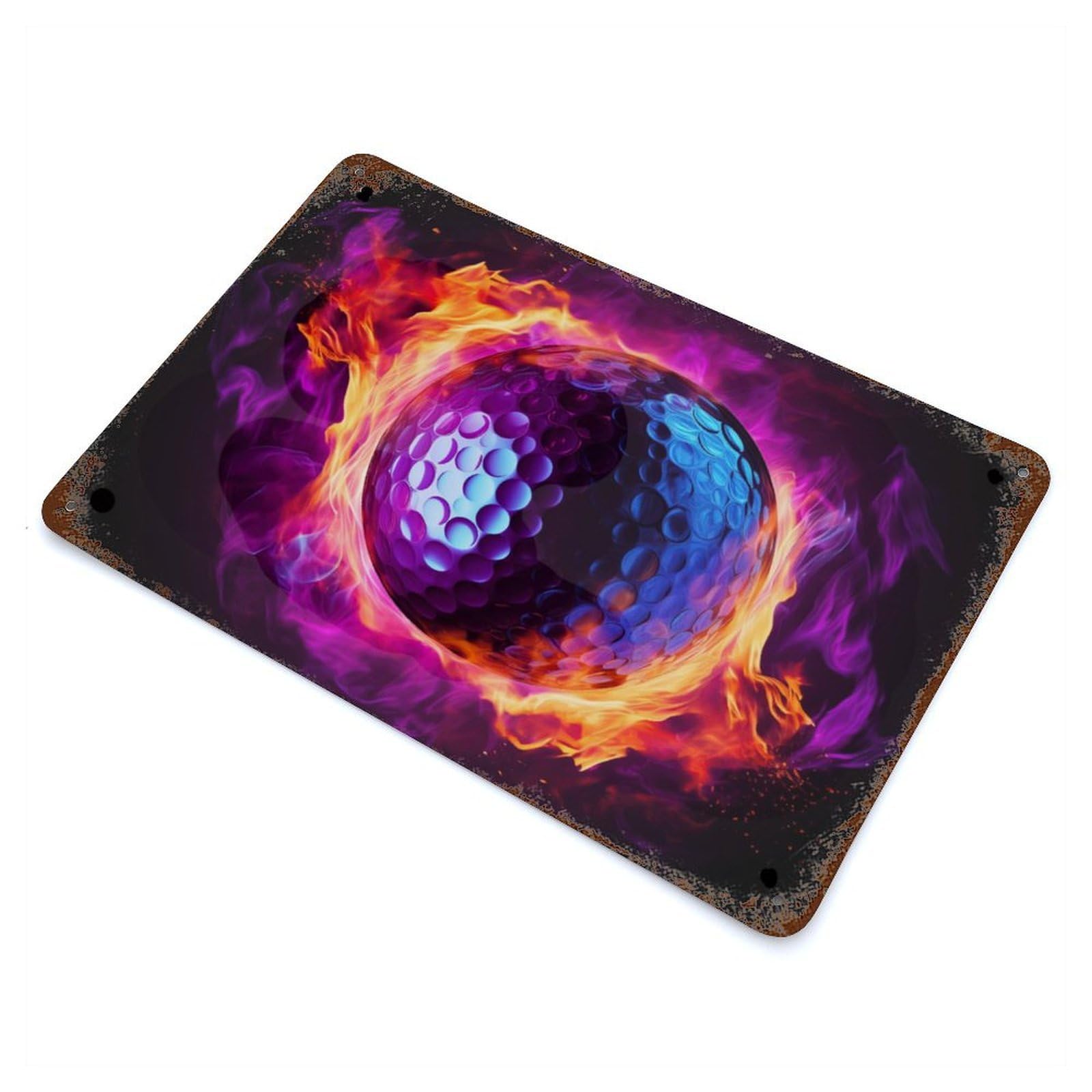 Flame Engulfed Golf Ball Vintage Wall Sign 11.8"x7.9", Rust Effect Metal Decor for Cafe, Home Bar And Lounge Decor