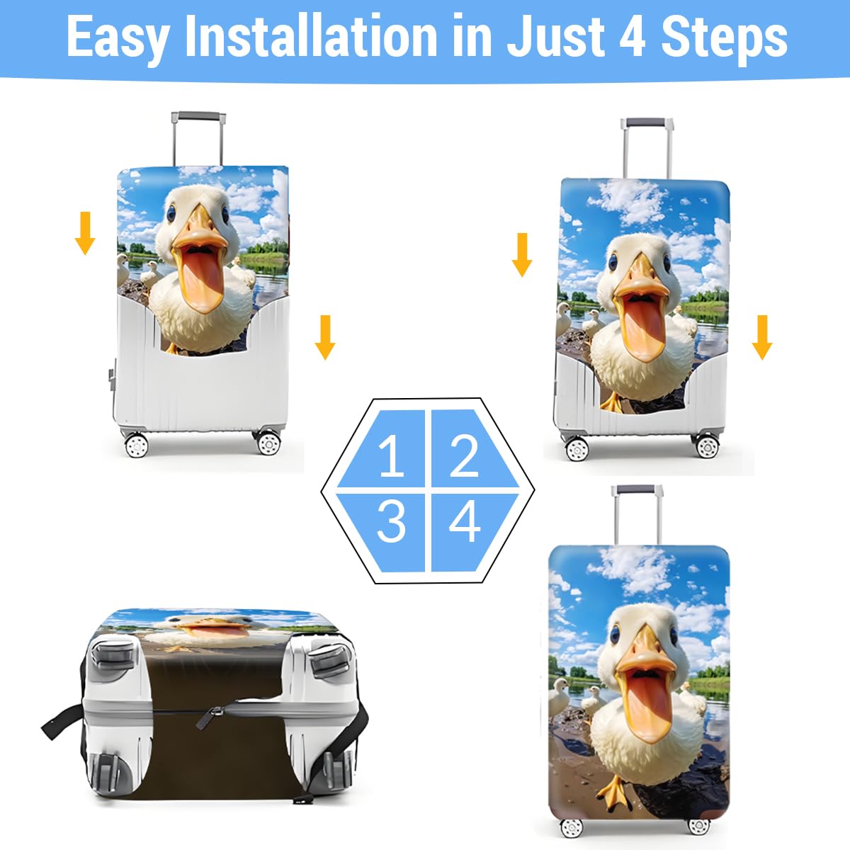FANSU Elastisch Kofferhülle Kofferschutzhülle, 3D Ente Druck Kofferüberzug Schutzhülle mit Reißverschluss, Elasthan, Waschbar Tierdruck Luggage Cover- 18 bis 32 Zoll