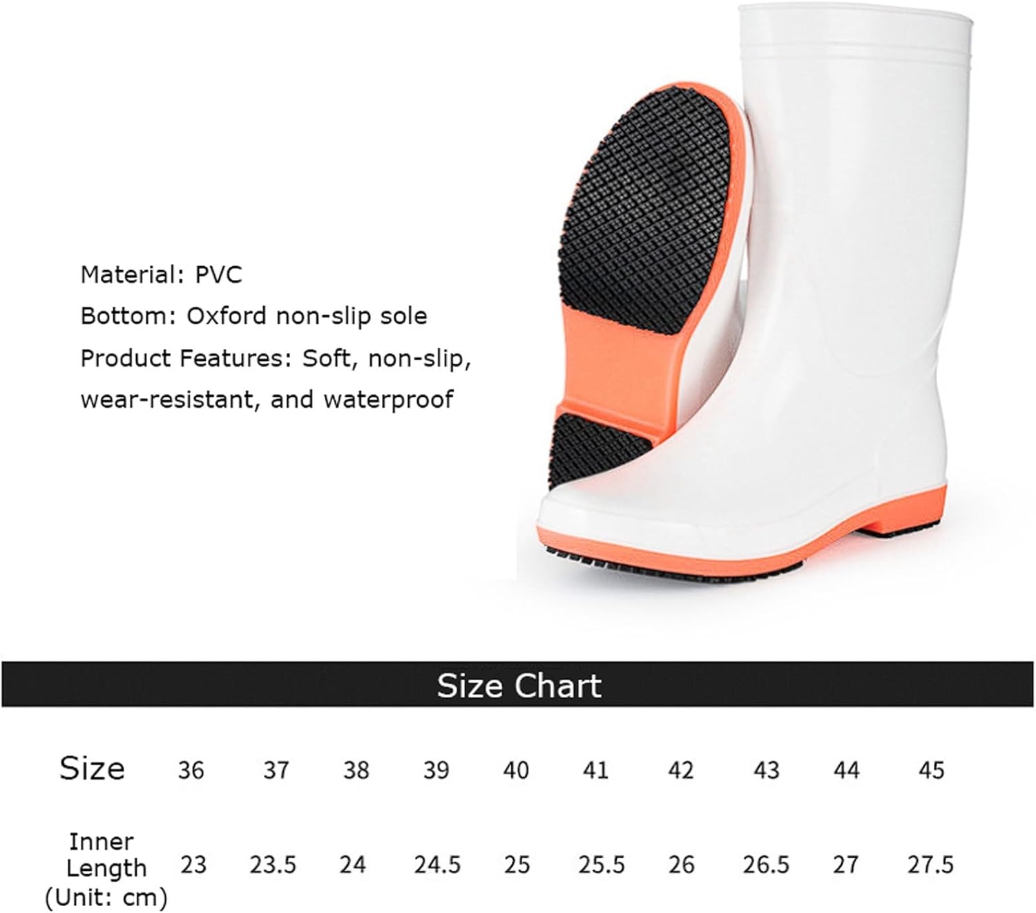 キッチン作業用ミッドカーフPVCレインブーツ、超滑り止め牛革ソール、通気性ホワイトオレンジ安全靴 ウォーターシューズ