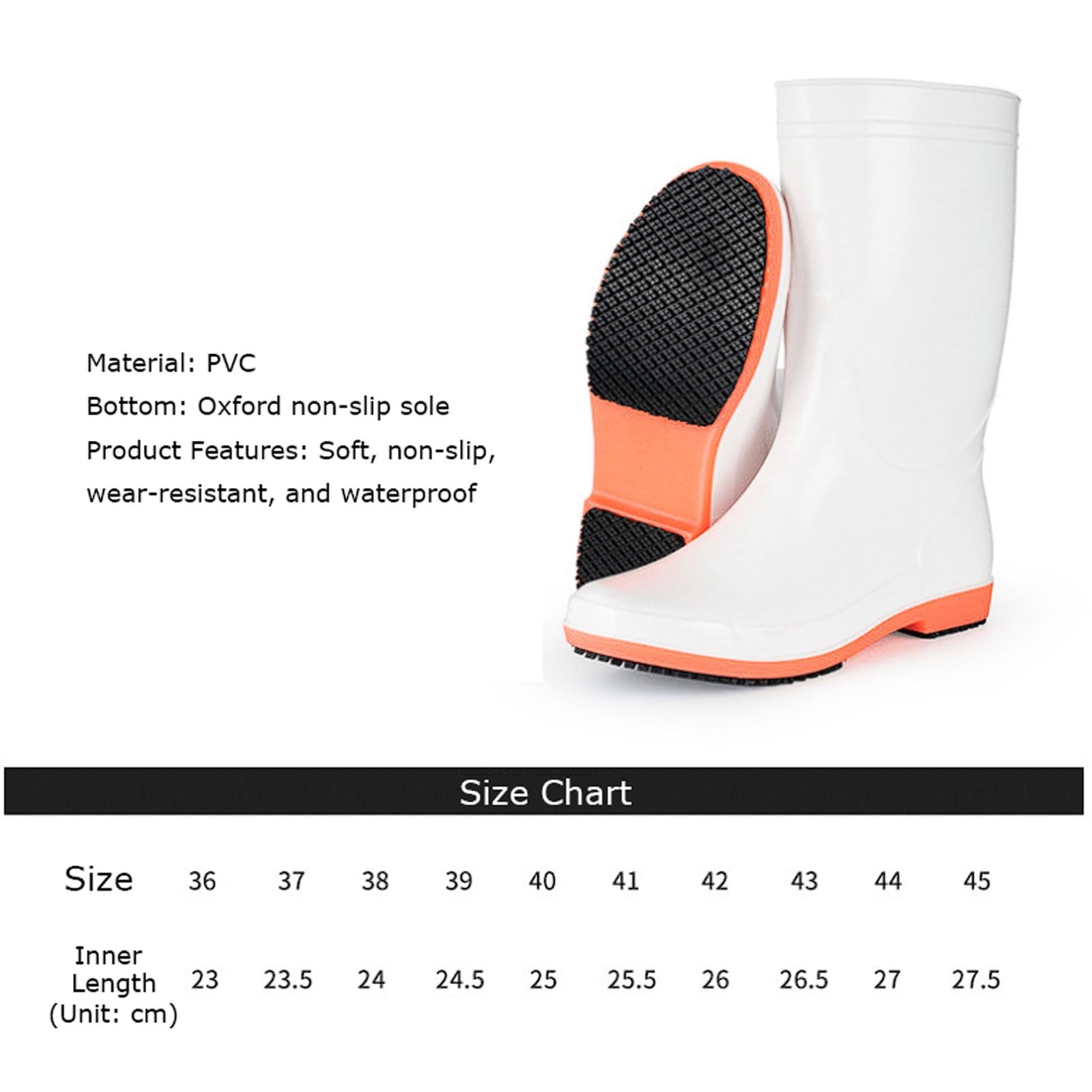 Bottes de Pluie mi-Mollet en PVC for Le Travail Cuisine, Semelles Cuir Vache Super antidérapantes, Chaussures sécurité Respirantes Blanches et Oranges