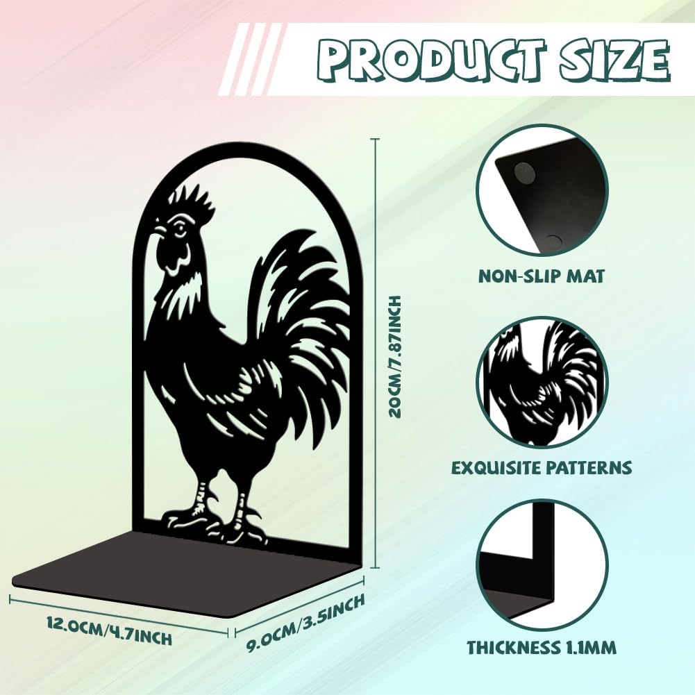 Peacoblue Metal Bookends for Shelves, Modern Decorative Heavy Duty Study Book Support Stoppers for Office, Desk, Shelf, Room 5.3"x4.3"x7.9" Cast Iron Simple Tall Bookends, 1 Pair (Rooster)