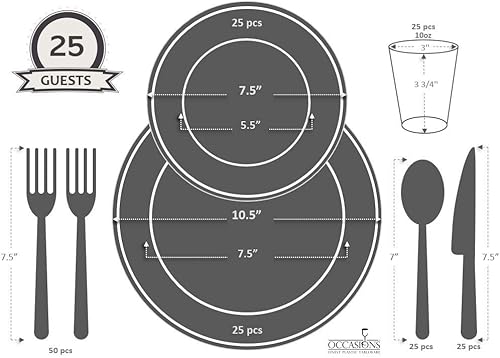 Miniatura 9 de OCCASIONS 50, 150, 200 piezas lisas (para 25 invitados) 10.5 pulgadas, 7.5 pulgadas + cubiertos
