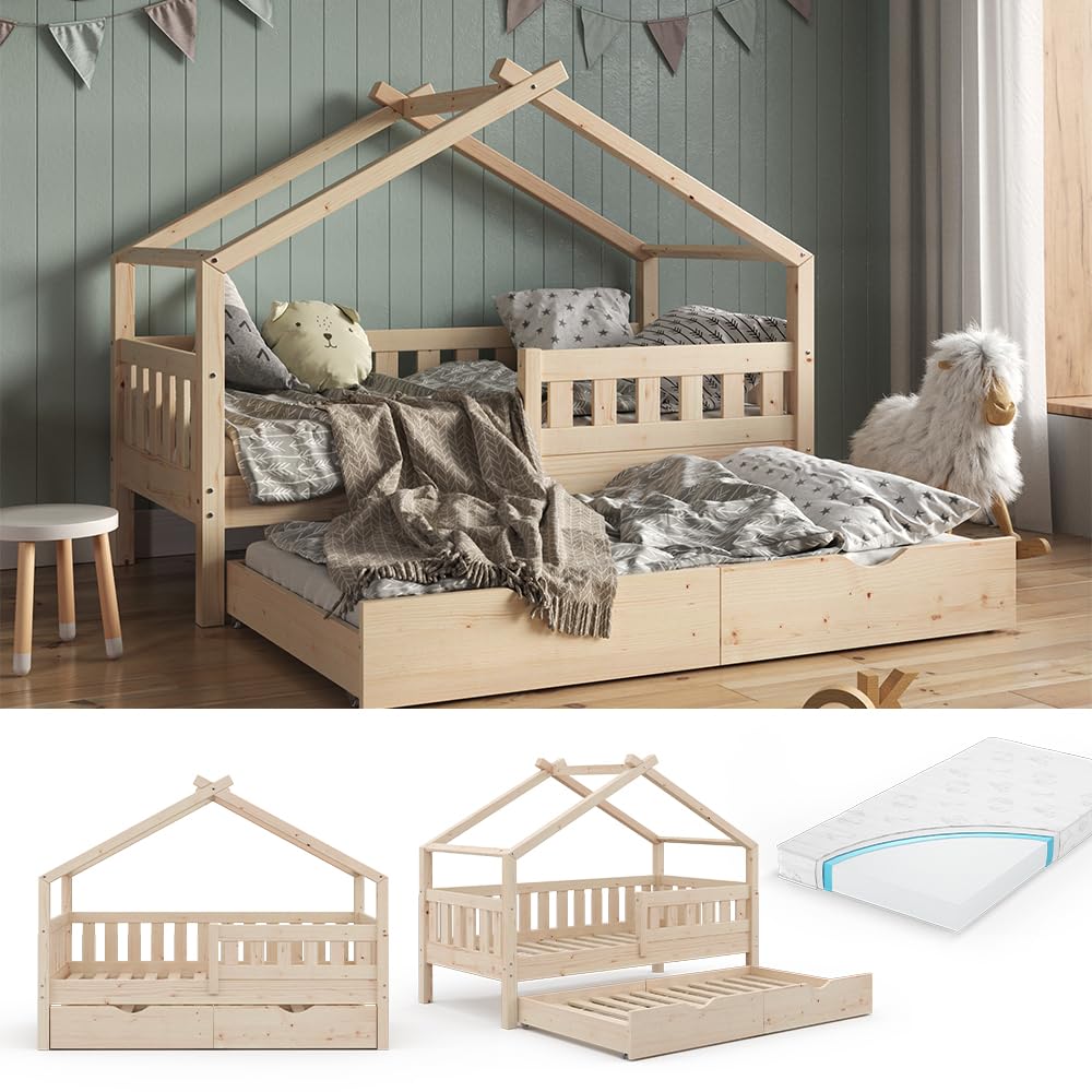 VitaliSpa Cama en Forma de casa Design, Madera Natural, 80x160 cm