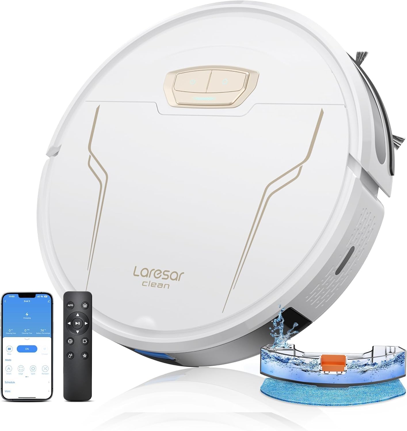 Laresar Clean Robot Vacuum with 4000Pa Suction, 3-in-1 Robot Vacuum Cleaner with Mop, 150mins Runtime, Carpet Boost, 7.6cm Ultra Thin Robotic Vacuums for Pet Hair, App/Alexa Control, Evol3s