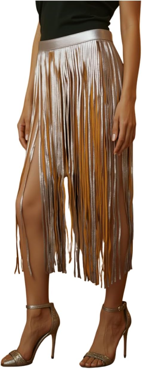 Women Skirt Fashion Belt - Wrap Around Long Faux Leather Waistband Fringes Tassel XS S Beige Silver
