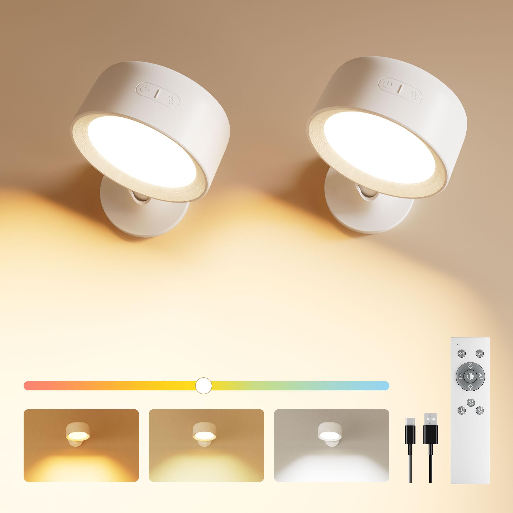 FULEN Aplique de Pared Interior, 2 Piezas Lámpara de LED Recargable 8000mAh con 18 Colores, Táctil y por Control Remoto, 360° Lámpara de Pared Inalámbrica para Mesita de Noche en Dormitorio, Blanco