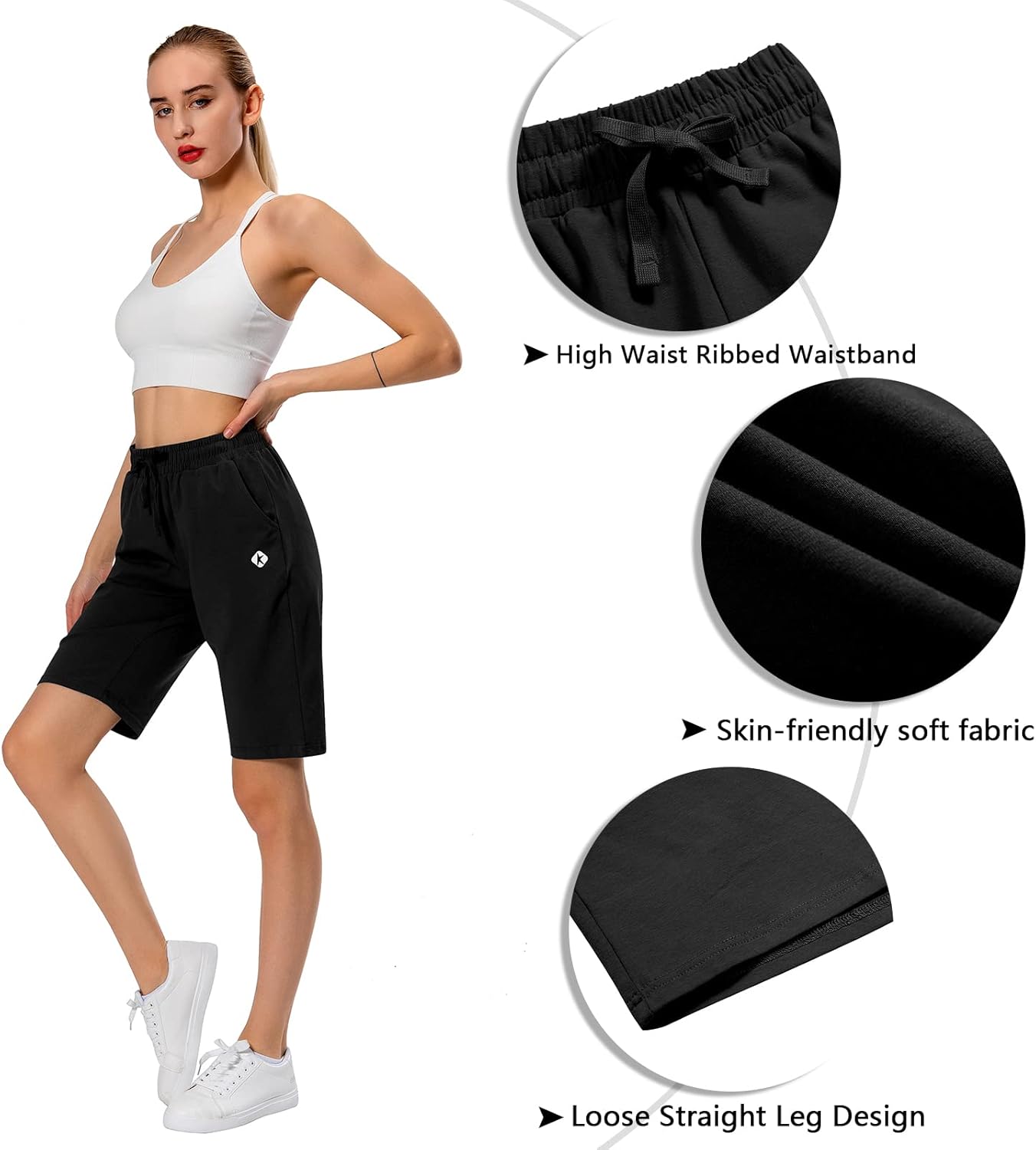 Women's Bermuda Shorts Long Cotton Sweat Knit Shorts Pull On Walking Lounge Shorts with Pocket - Image 4