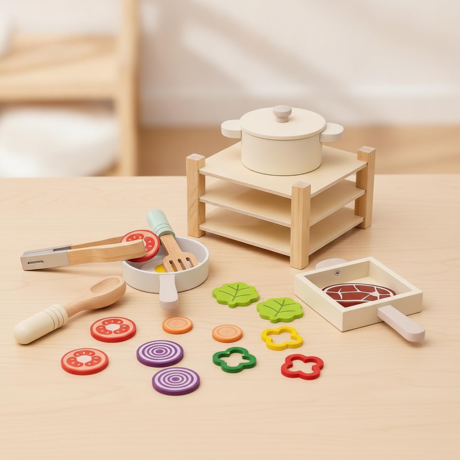 Dînette en Bois avec Étagère D'imitation Équipement Culinaire Cuisine en Bois Éducatif Ensemble Cuisine avec Casseroles et Poêles pour Enfants
