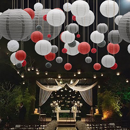 Image of KAXIXI 15-Pack Red-White-Gray Party Decorations, Paper Lanterns & Pom Poms