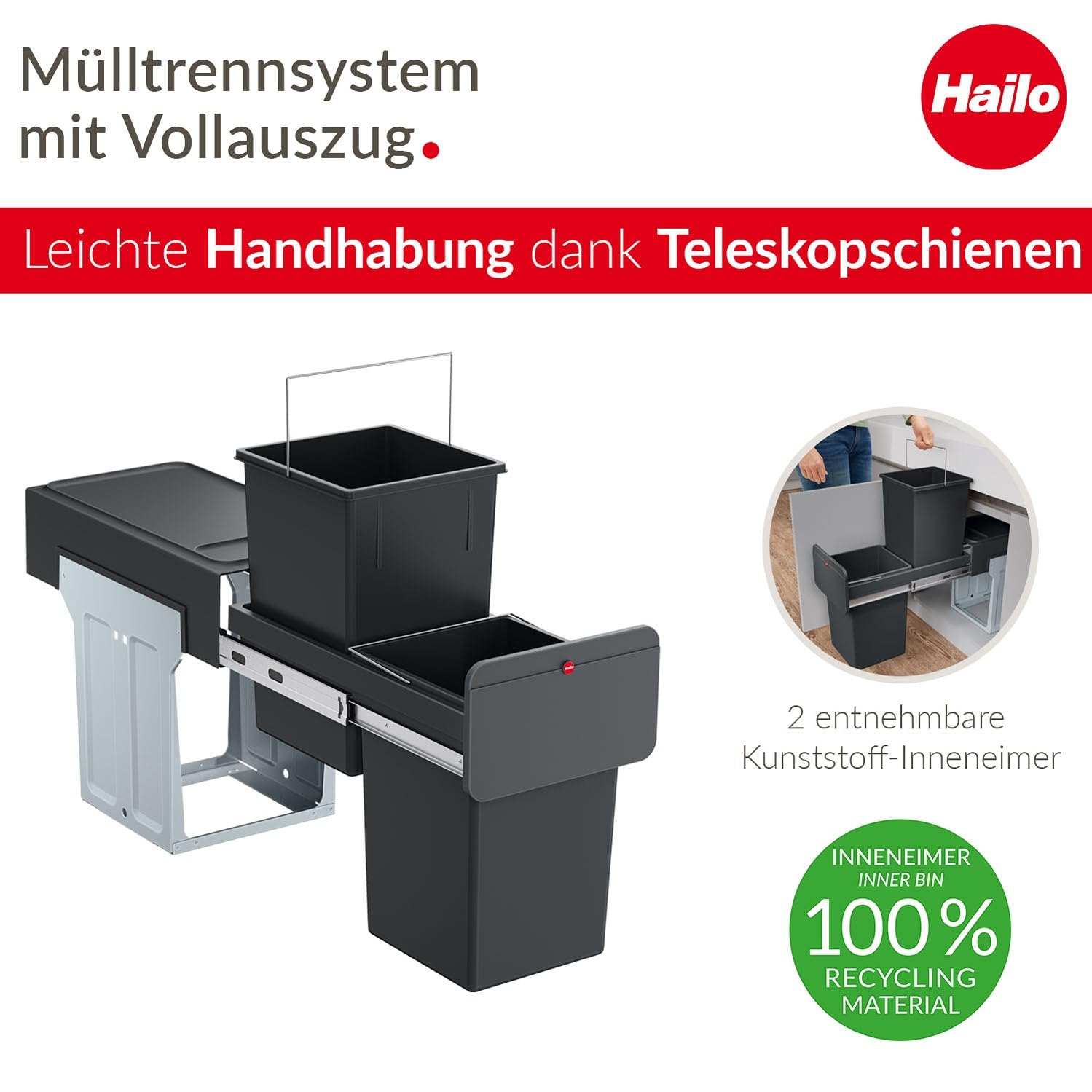 Hailo EcoLine Design Duo L Einbau-Mülltrennungs-System 2x14 Liter - Duo-Mülleimer mit Vollauszug - Stahlblech - schwarz - ab 30 cm Schrankbreite