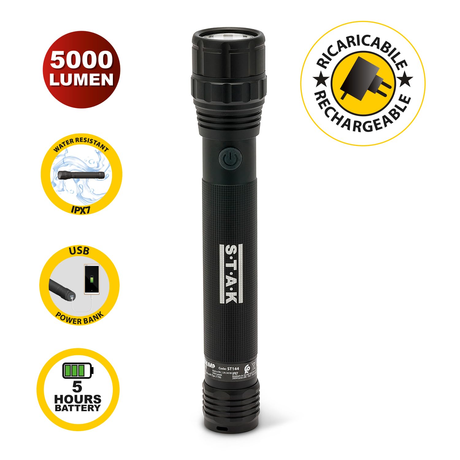 Stak Mamba – Torcia LED 5000 Lumen Ricaricabile con Powerbank - 5 Modalità, Batteria 21700 4000mAh, Impermeabile IPX7, Alluminio Resistente - Per uso Professionale ed escursioni