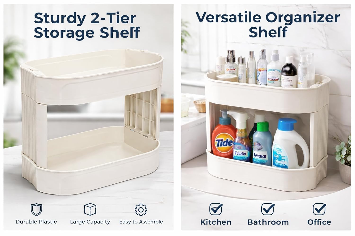 VBM 2-Tier Rolling Desk Organizer with Wheels, Countertop Storage Cart for Kitchen Spice Rack, Bathroom Vanity, Office Desk Mail Holder, Plastic Utility Shelf for Pantry, & Small Spaces 1