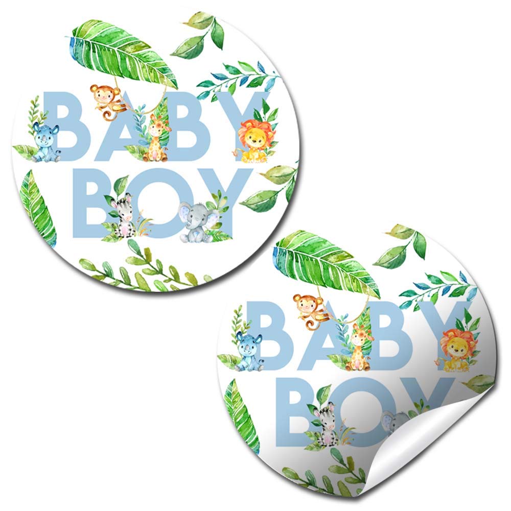 Watercolor Jungle Animals Baby Sprinkle Baby Shower for Boys Thank You Sticker Labels, 40 2" Party Circle Stickers by AmandaCreation, Great for Party