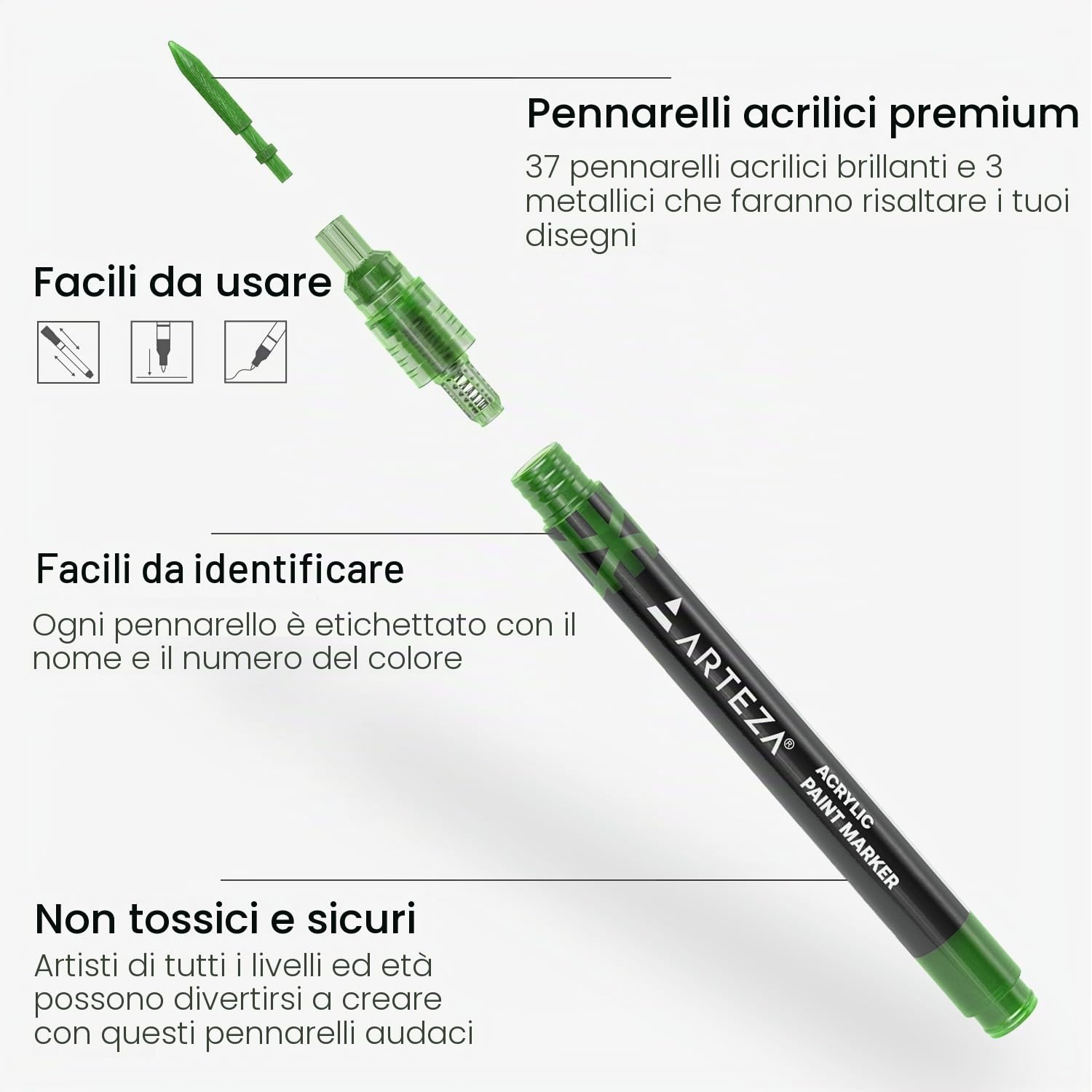 ARTEZA Pennarelli Acrilici per Pittura, Set 40 Colori, Pennarelli Indelebili Punta Fine a Lunga Durata con Pennino in Plastica per Metallo, Tela, Roccia, Superfici in Ceramica, Vetro, Legno e Tessuto