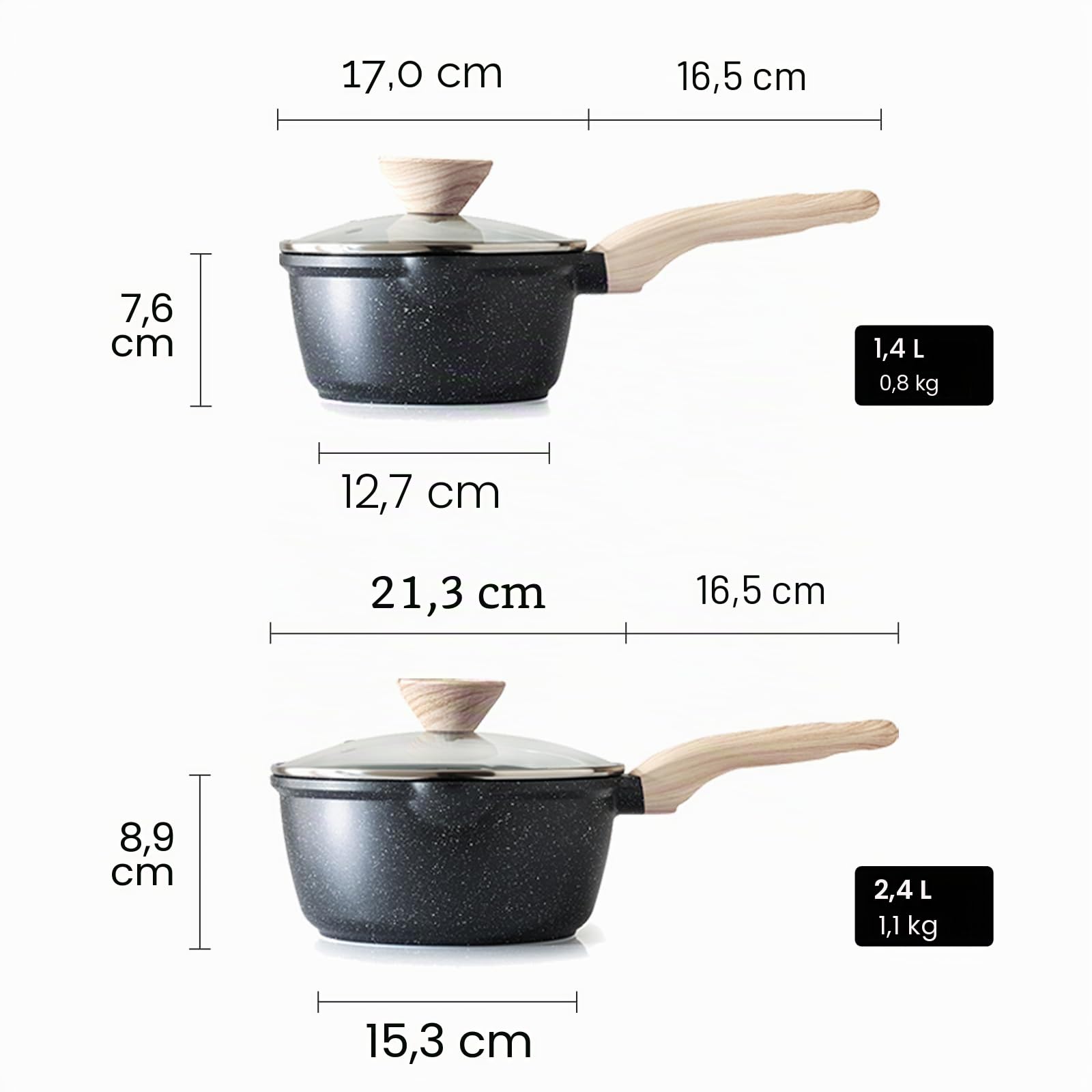 Set di pentole Kordisen con coperchi, da 16 cm e 20 cm, rivestimento in granito, doppio beccuccio per versare, facili da pulire, adatte ai piani cottura a induzione - Ideali per cucine piccole (Nero)