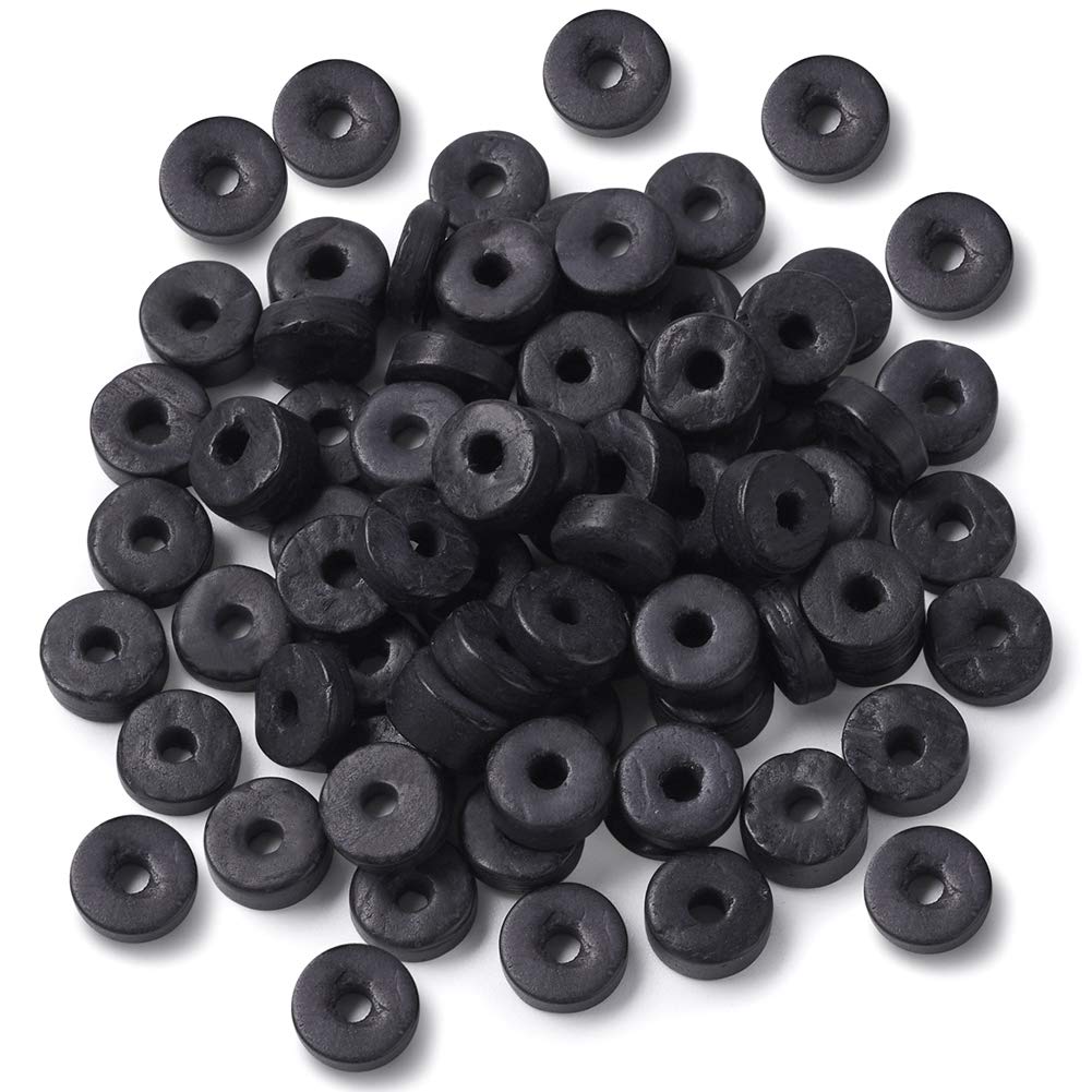 Fashewelry 100Pcs Flat Round Coconut Spacer Beads 9mm Coin Dics Loose Charm Beads for DIY Jewelry Making 2mm Hole (Black)