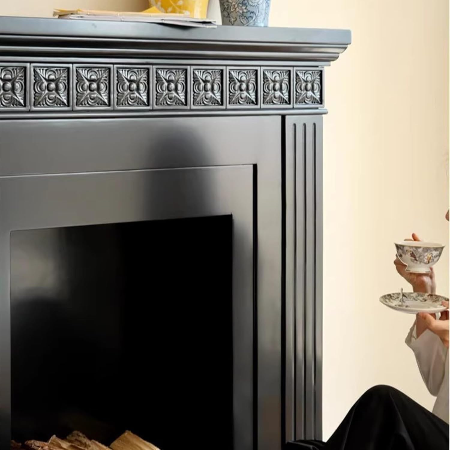 Fireplace Mantel Surround Solid Birch Wood Fireplace Mantel Surround Black/White Decorative Frame(Black)