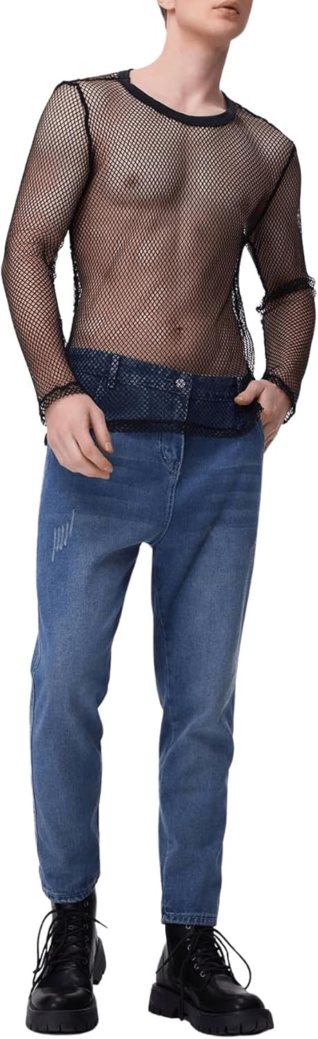 WDIRARA Men's Fishnet Mesh Round Neck Long Sleeve T Shirt See Throught Tee Tops - Image 5