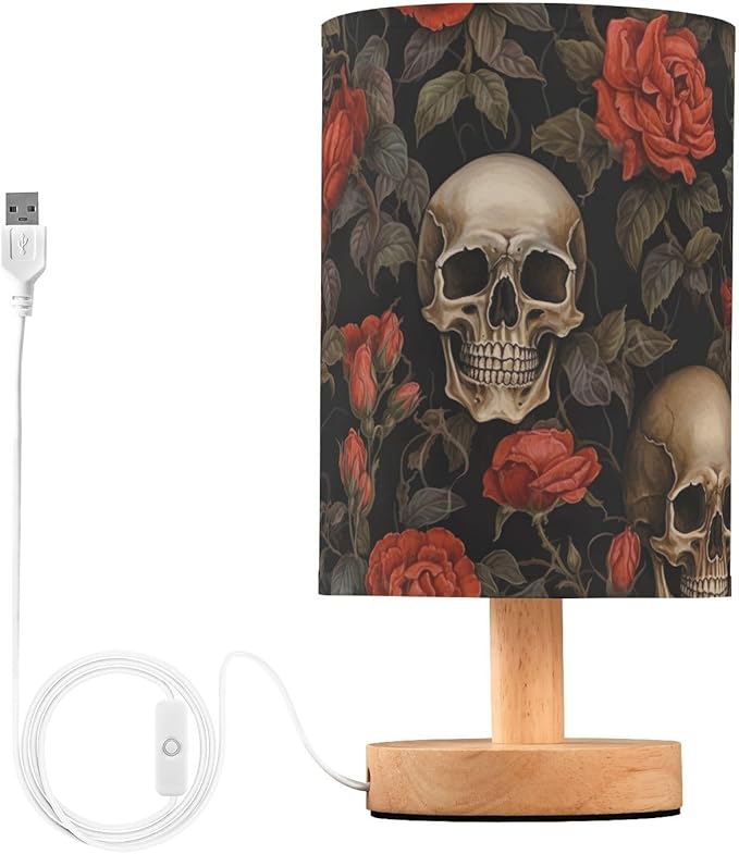 Bedside Lamp Skull Gothic Red Rose Flower Table Lamp with USB Port Wood Base for Living