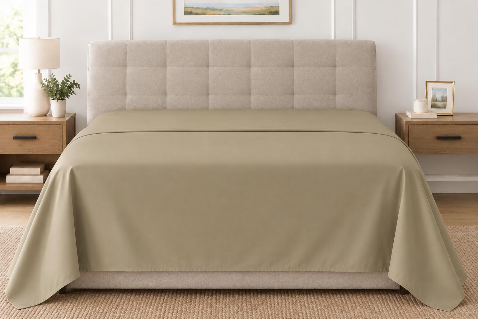 Queen Size Flat Sheet Only, Ultra Soft & Breathable Hotel Sheets, Khaki