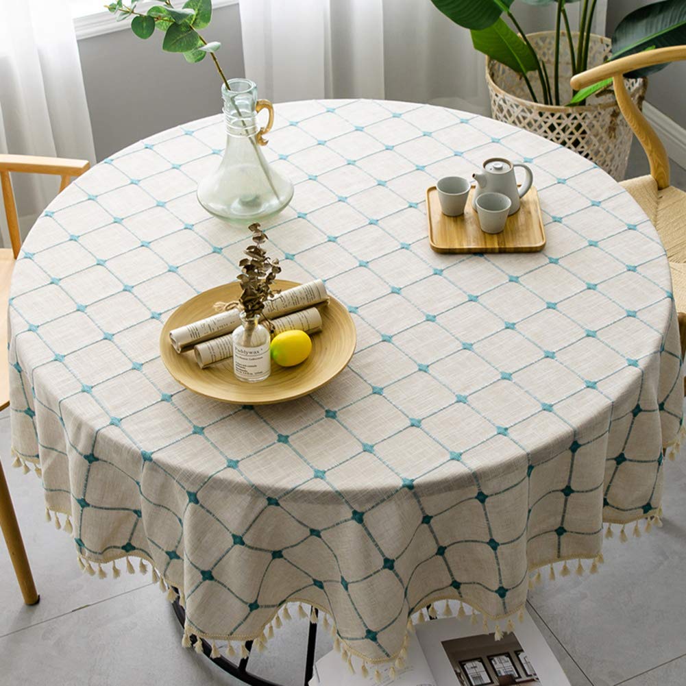 Nappe ronde en lin de coton bleu à carreaux et pompons Ø 160 cm
