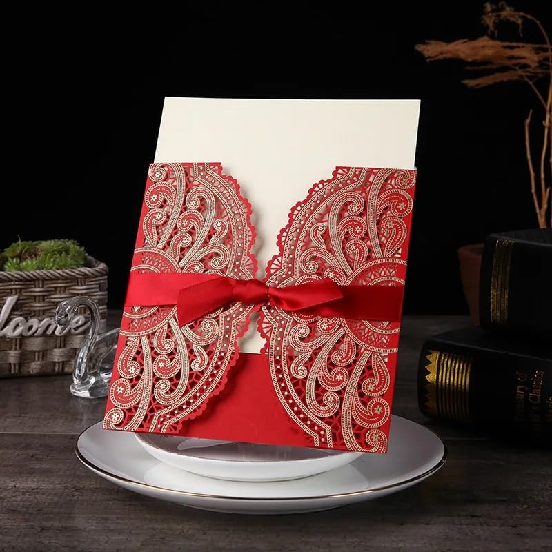 Faire Part De Mariage Invitations de Mariage 50 pièces Invitations élégantes en Dentelle Carte d'invitation de Mariage for fête d'anniversaire Faire Part Mariage(Red)