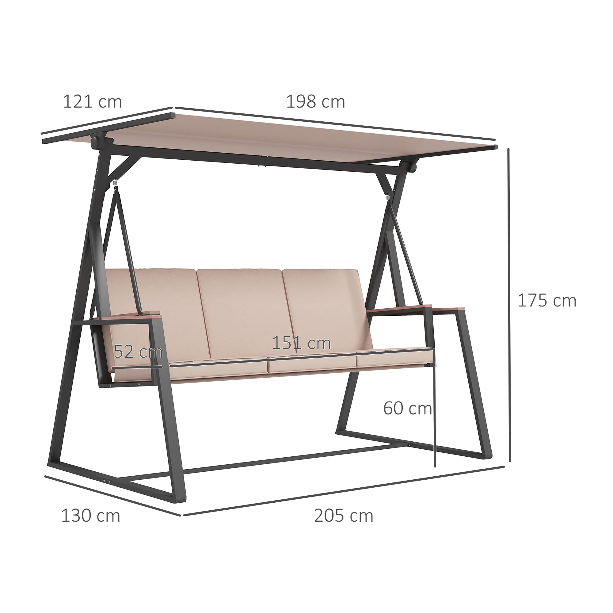 Outsunny Hollywoodschaukel 3-Sitzer Schaukelbank mit Kissen, Gartenschaukel mit regulierbarem Dach, bis zu 300 kg Tragfähigkeit, 205 x 130 x 175 cm, Khaki