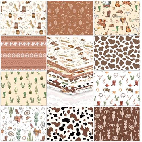 FYSUIMU 10Pcs Western Cowboy Cotton Fabric Bundles Brown Cowboy Hat Boot Cacti Cow Print Fat Quarters Wild West Quilting Patchwork for DIY Sewing Craft Decor, 18 x 22 Inch