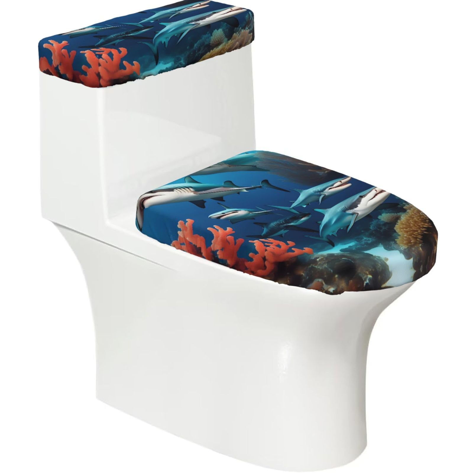Cntdbu Black Submarine Shark Coral Stretchy Toilet Lid And Tank Cover Set-Soft Elastic Bathroom Decor For U Shape Oval