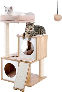 PAWZ Road Cat Tree 35 Inches Wooden Cat Tower with Double Condos, Spacious Perch, Fully Wrapped Scratching Sisal Posts and Replaceable Dangling Balls-Walnut